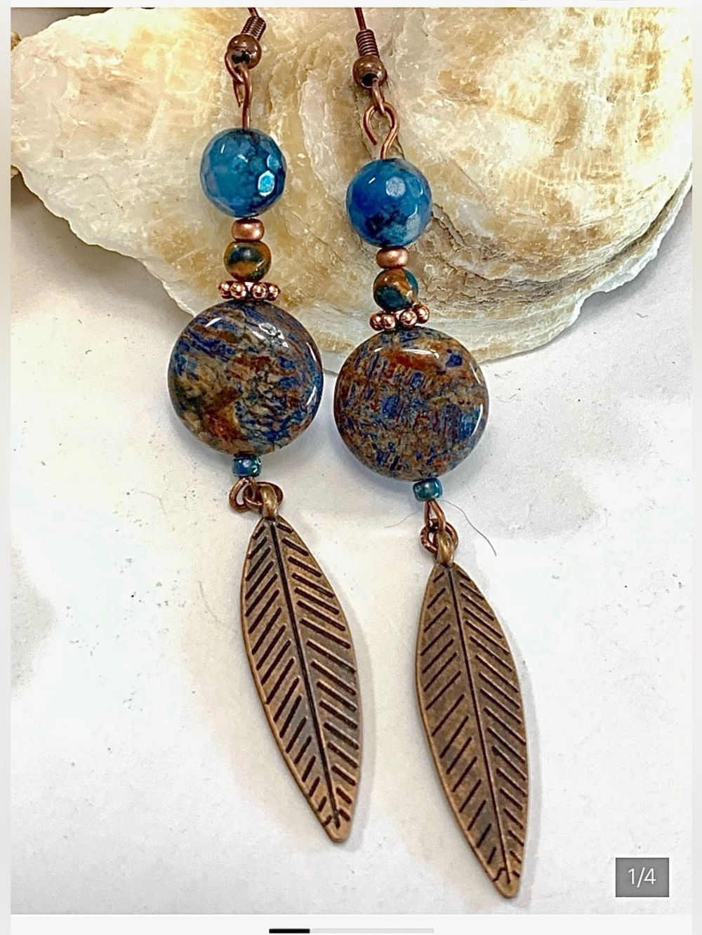 Azurite Stone & Copper Feather Earrings